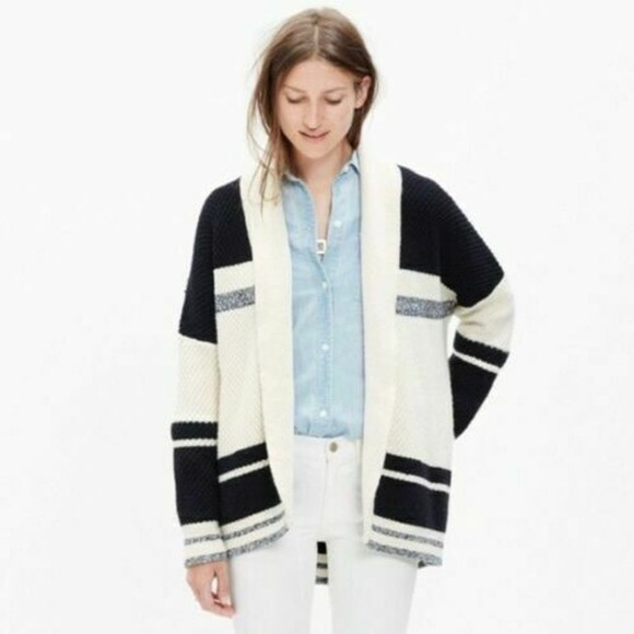 Madewell Black Cream Stripe Open Cocoon Cardigan XS Oversized Chunky - Picture 1 of 8